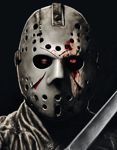 Jason Voorhees, his mask broken in half revealing a caucasian man face, wielding a machete, cinematic horror style, realistic photo