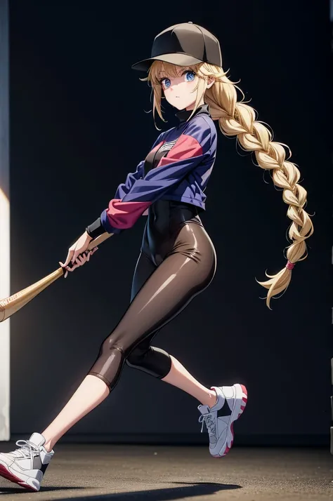 a tall anime girl wearing black and white clothing holding a baseball bat, 1girl, braid, solo, baseball bat, blue eyes, long hair, blonde hair, hat, baseball cap, multicolored jacket, black headwear, sneakers, shoes, multicolored clothes, holding, jacket, ...