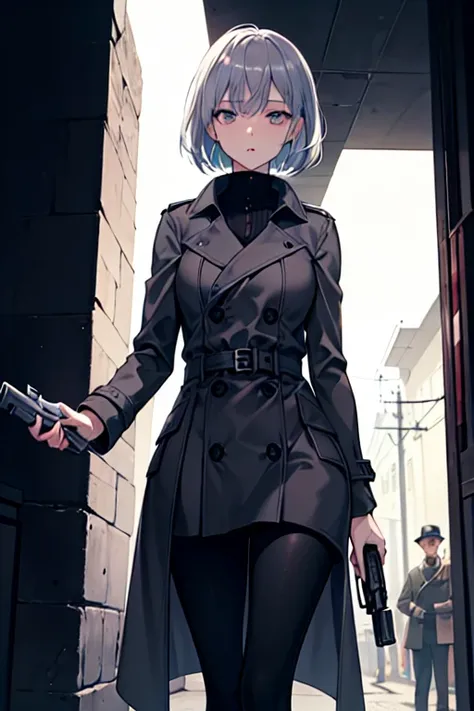 imagined a cartoon sexy silver hair detective woman in a trench coat holding a revolver in 1950 black and white thriller movie