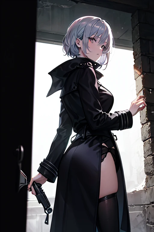 imagined a cartoon sexy silver hair detective woman in a trench coat holding a revolver in 1950 black and white thriller movie