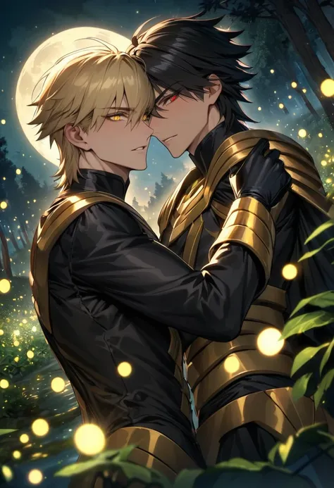 absurdres, highres, ultra detailed, HDR, masterpiece, extremely detailed face and eyes, beautiful eyes, perfect face, delicate features, expressive red eyes, short blond hair, Gilgamesh, Fate Grand Order, Ozymandias, expressive yellow eyes, black hair, two...