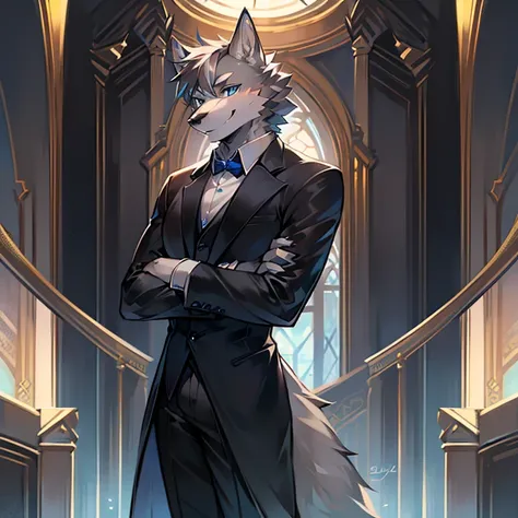 personal，Gray Wolf，male，Blue Eyes，elegant，strong，wear a suit，Smile