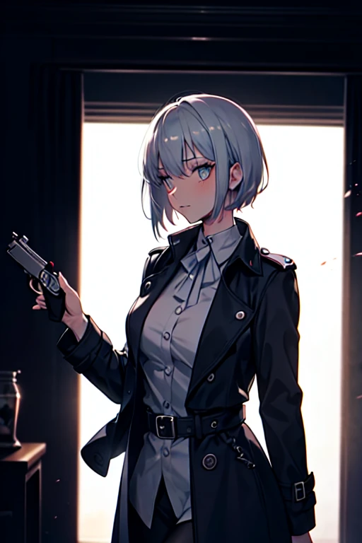 imagined a cartoon sexy silver hair detective woman in a trench coat holding a revolver in 1950 black and white thriller movie, 50s, retro,