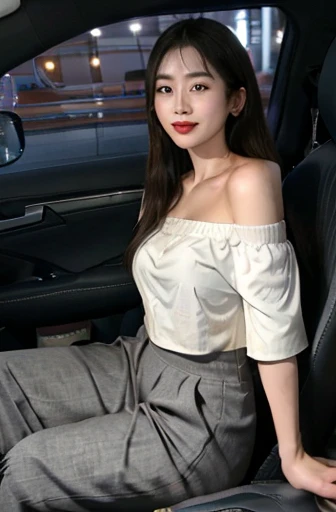 Codriver,blurry, 1girl, sitting,asian,cityscape
grin,(Off-the-shoulder_blouse:1.4),(Wide-leg_cropped_pants:1.3),(Woven_handbag:1.2)