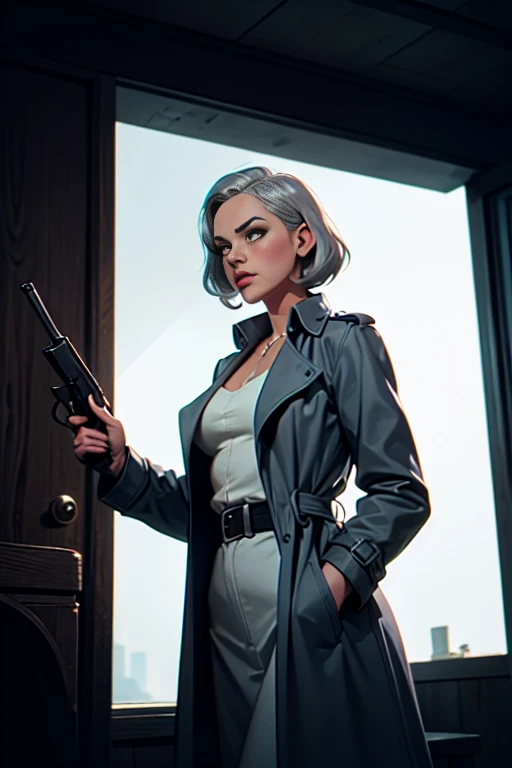 imagined a cartoon sexy silver hair detective woman in a trench coat holding a revolver in 1950 black and white thriller movie, 50s, retro,