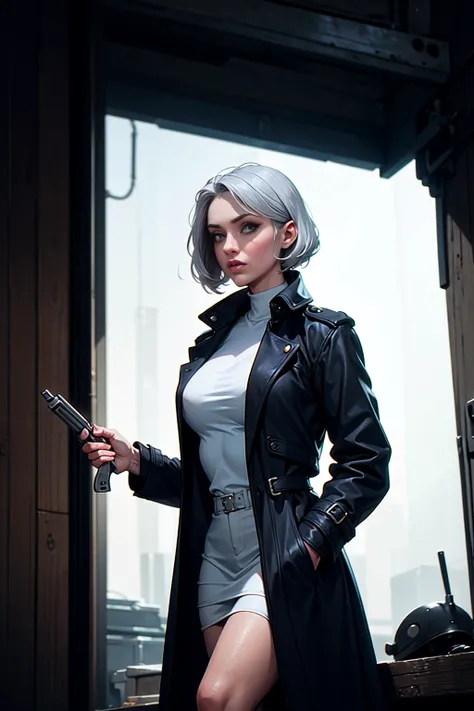 imagined a cartoon sexy silver hair detective woman in a trench coat holding a revolver in 1950 black and white thriller movie, 50s, retro,