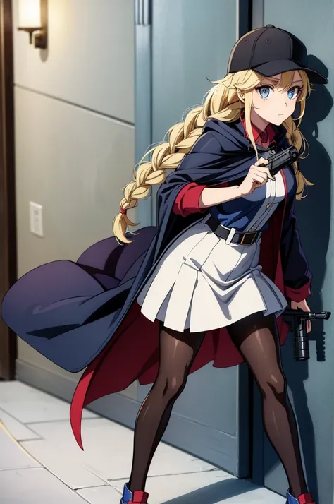 a woman in a hat and cape holding a gun in a hallway doorway, 1girl, twin braids, solo, weapon, braid, hat, blue eyes, gun, holding weapon, holding gun, blonde hair, long hair, pantyhose, holding, baseball cap, shoes, black headwear, jacket