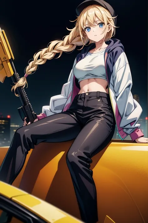 a anime girl is sitting on top of a car next to a giant gun, 1girl, solo, long hair, white shirt, blonde hair, blue eyes, shirt, braid, jacket, navel, weapon, open clothes, midriff, pants, black pants, open jacket, white jacket, hat, long sleeves, breasts,...