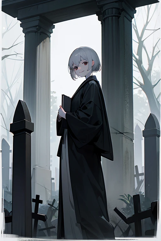 1girl, slender, , 152.4cm, cute, short grey hair, solid black eyes, pale skin, scars, lots of stitches, black robe, holding old book, smile, in graveyard,