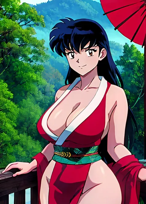 masterpiece, best quality, Kagome Higurashi, 25 years old, large breasts, cleavage, very busty, big hips, She stands tall while wearing a red short red kimono. shes looking directly at the camera with an confident smirk. Her gaze is both alluring and fierc...