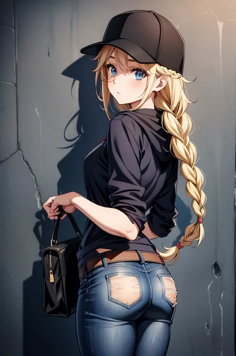 woman in hat and black pantyhose standing in front of graffiti wall, 1girl, solo, hat, blonde hair, braid, blue eyes, baseball cap, ass, denim, long hair, looking at viewer, pants, black headwear, looking back, hood, bag, blush