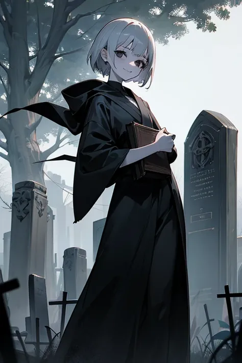 1girl, slender, 152.4cm, cute, Frankensteins monster, short grey hair, solid black eyes, pale skin, scars, lots of stitches, black robe, holding old book, smile, in graveyard,