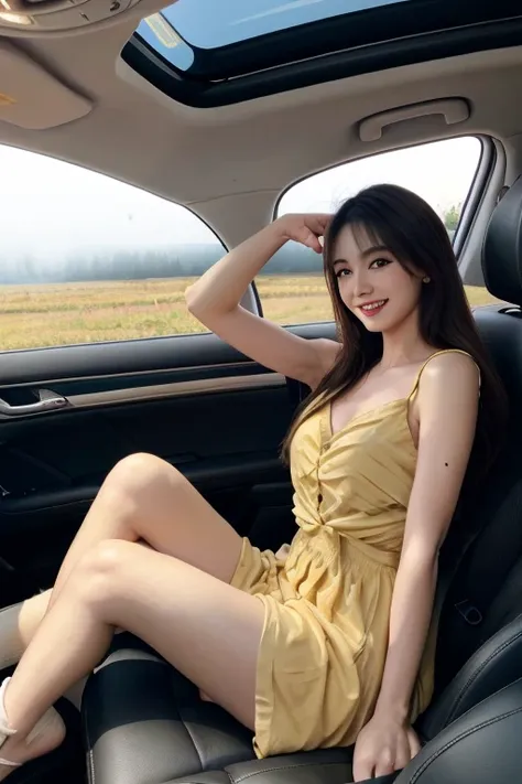 codriver,blurry. 1girl, ((smile)), blue eyes, raised knees, yellow shord dress and red stockings and shoes, hips, looks at the v...