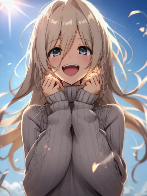 a girl, cosy sweater on, upper body, (huge Laughing:1.1), (open mouth:1.1), (wide open eyes:1.2), sun glare, bokeh, depth of field, blurry background, light particles, strong wind, (heart particles:1.1)