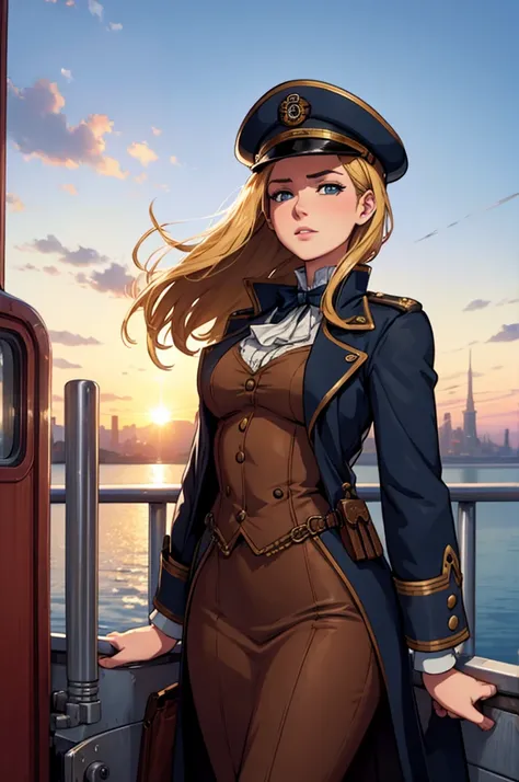 titanic reimagined as a steampunk  26 year old capitaine girl in aborde a train overlooking a steampunk town