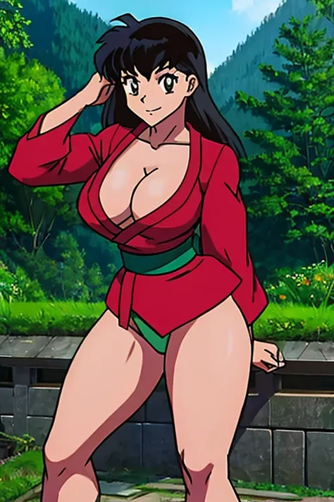 masterpiece, best quality, 1girl, solo, Kagome Higurashi, 25 years old, matured face, beautiful detailed eyes, ultra detailed eyes, extremely detailed face, large breasts, cleavage, very busty, big hips, strong muscles, athletic figure, She stands tall whi...