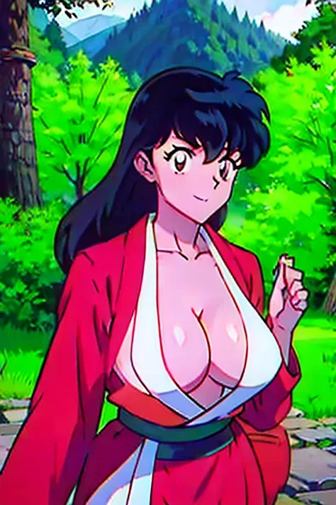 masterpiece, best quality, 1girl, solo, Kagome Higurashi, 25 years old, matured face, beautiful detailed eyes, ultra detailed eyes, extremely detailed face, large breasts, cleavage, very busty, big hips, strong muscles, athletic figure, She stands tall whi...