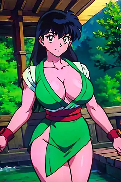 masterpiece, best quality, 1girl, solo, Kagome Higurashi, 25 years old, matured face, beautiful detailed eyes, ultra detailed eyes, extremely detailed face, large breasts, cleavage, very busty, big hips, strong muscles, athletic figure, She stands tall whi...