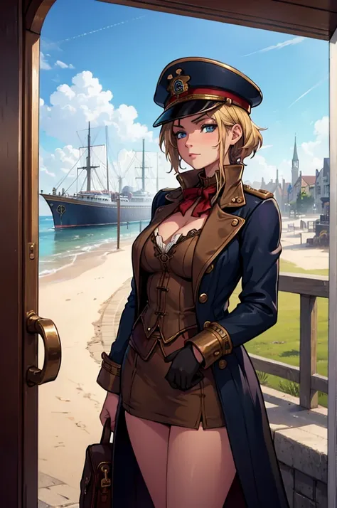 titanic reimagined as a sfw horny 26 year old steampunk capitaine girl in aborde a train overlooking a steampunk town