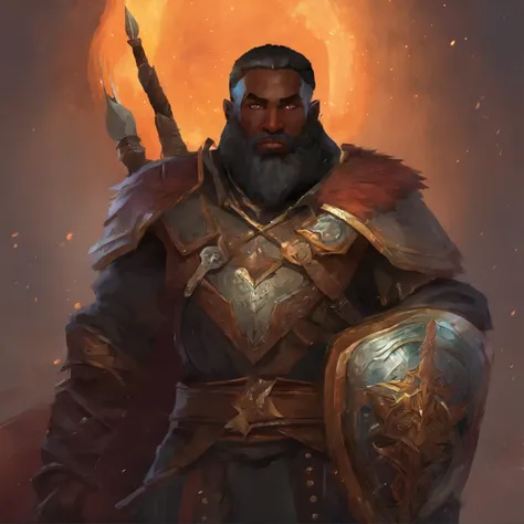 The Witcher style Black Dwarf with military style haircut, barba bonita cheia, Armadura pesada, sorriso gentil, segurando um escudo e um martelo de guerra