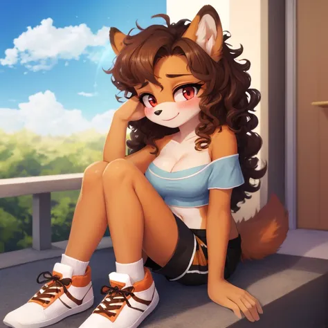 mobian, hedgehog, two-tone fur ((orange fur, brown fur)), pyjama elastic shorts, strapless crop top, cleavage, high-top sneakers...