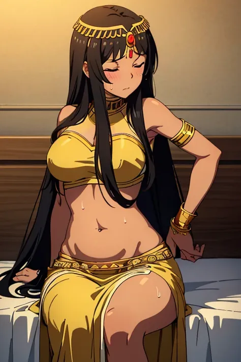 (best quality, masterpiece), brown skinned anime Cleopatra wearing a cute triangle top and long skirt, famished in hunger, (gently resting hands on stomach), (sweating), (long black hair), (hands on stomach), (blushing and eyes closed), (resting hands-on s...