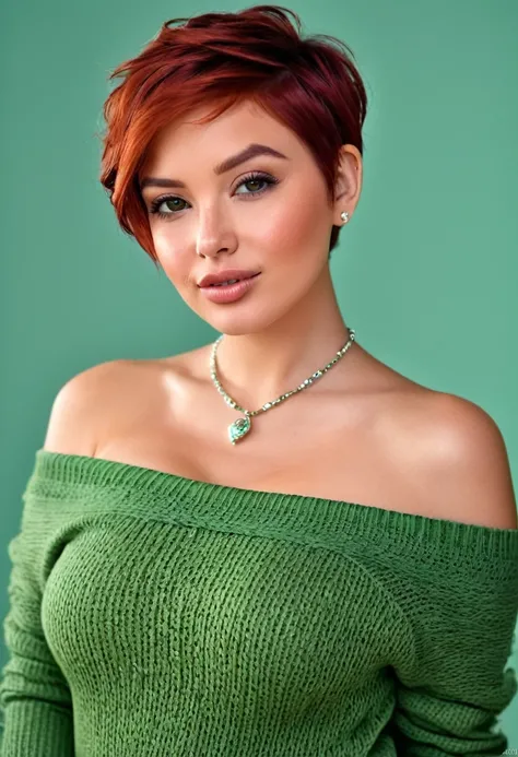 sexy Woman, 25 years old, whole body, curvy, red hair, pixie cut hair, (wrinkled forhead), ((eyes brown-green)), rounded chin, fleshy lips, aquilin nose, Only, colossale tits, looking at the viewer, bare shoulders, jewelry, necklace, off shoulder, sweater,...