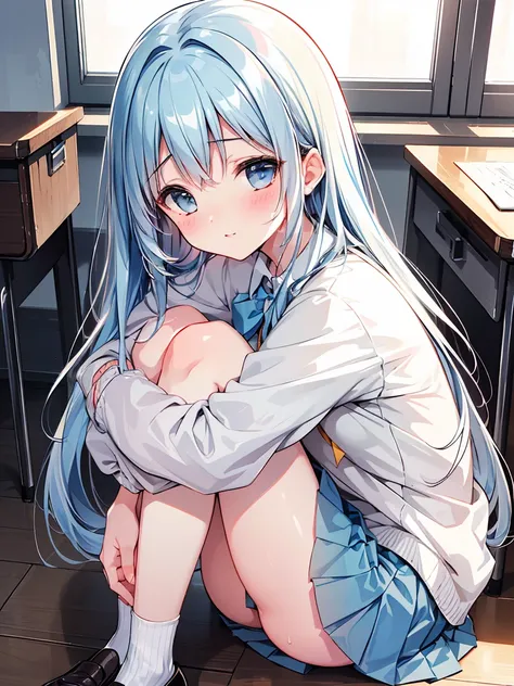 masterpiece, best quality, extremely detailed, (illustration, official art:1.1), 1 girl ,(((( light blue long hair)))), light blue hair, ,10 years old, long hair ((blush)) , cute face, big eyes, masterpiece, best quality,(((((a very delicate and beautiful ...