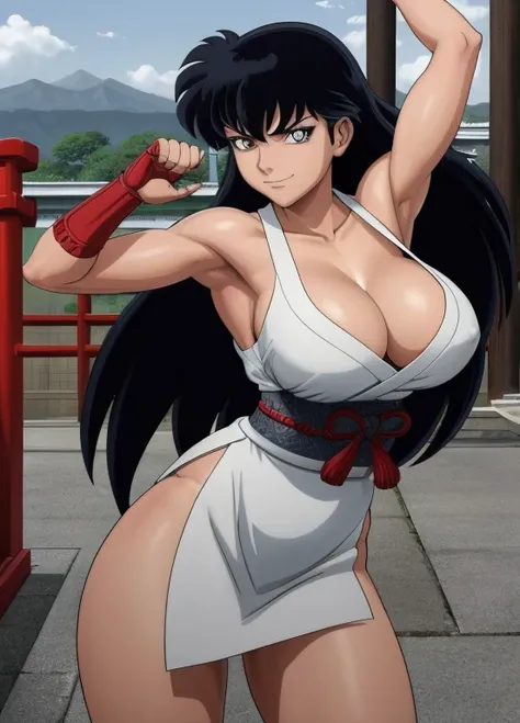 masterpiece, best quality, Kagome Higurashi, 25 years old, matured face, beautiful detailed eyes, ultra detailed eyes, extremely detailed face, large breasts, cleavage, very busty, big hips, strong muscles, athletic physique, She stands tall while wearing ...