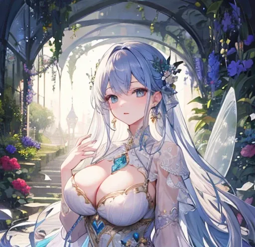 (best quality:1.2),artwork, detailed, perfect face, beautiful girl, fairy outfit (big breasts), magical garden, enchanting atmosphere, vibrant colors, soft lighting, dreamy setting, intricate details, delicate features, flowing gown, ethereal beauty