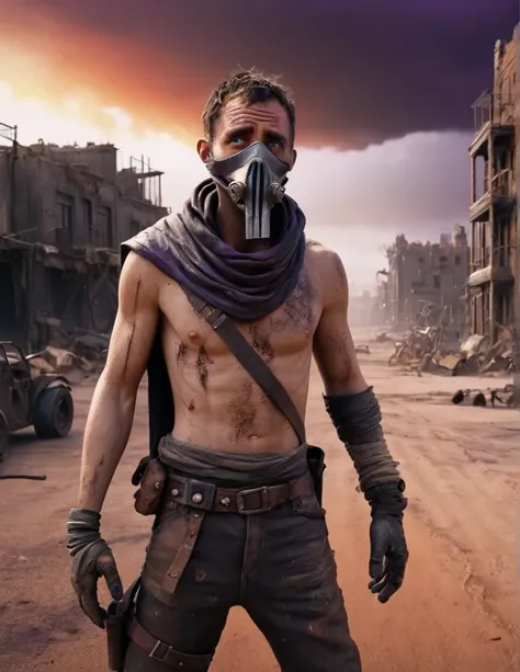 "Create a Disney Pixar-style 3D animation depicting a half-body portrait of a man navigating a post-apocalyptic world. Mad max movie style. He should be clad in dirty, ragged clothing, with a cloth concealing his mouth and nose. Behind him, portray ruins o...