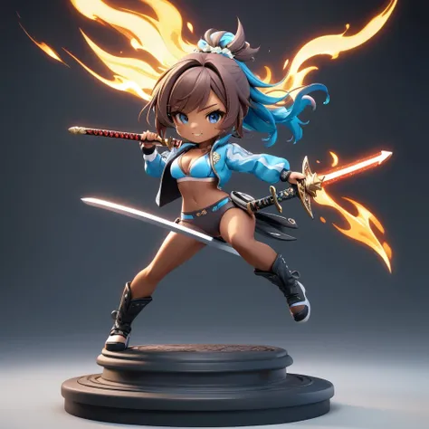 3D figure,high quality photo of figure, cleary outlined, very cute and bautiful anime 1girl,(warrior,swordswoman:3.5), (Dynamic posing, holding long flame-sword on pedestal:3.0), (grin:2.0), (short-pants-bikini,midriff jacket:3.5),(chibi:2.5), (solo:2.0), ...