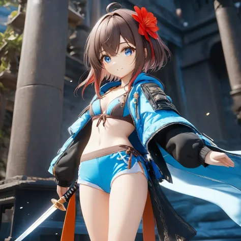 3D figure,high quality photo of figure, cleary outlined, very cute and bautiful anime 1girl,(warrior,swordswoman:3.5), (Dynamic posing, holding one long ice-sword on pedestal:1.5), (grin:1.5),ice, (short-pants-bikini,midriff jacket:3.5),(chibi:2.5), (solo:...