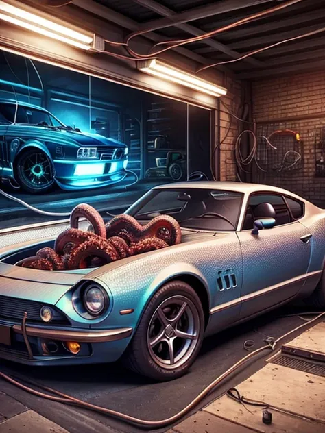 there is a car that is sitting in a garage with some wires, Hyperrealistic 3D rendering, an octopus in a car repair shop, hyperrealistic 3d rendering, ultrarealistic illustration, hyperrealistic illustration, Epic 3D illustrations, highly realistic concept...