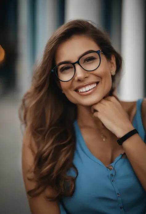 Smiling woman with glasses and a blue shirt posing for a photo