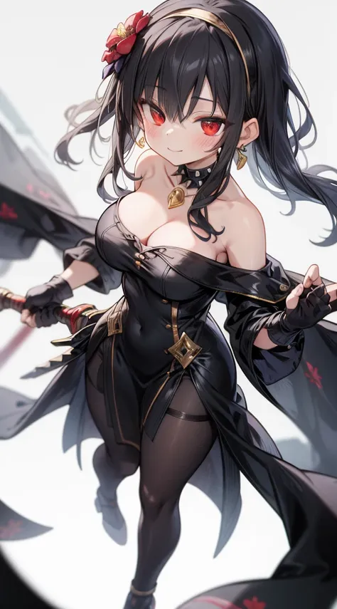 yor briar, anime style beutiful woman, 1girl,fullbody, happy, smile, red face, closed mouth, beautiful detailed eyes, super detailed skin, backlighting, bare shoulders, black background, black dress, black gloves, black hair, breasts, dress, earrings, fing...