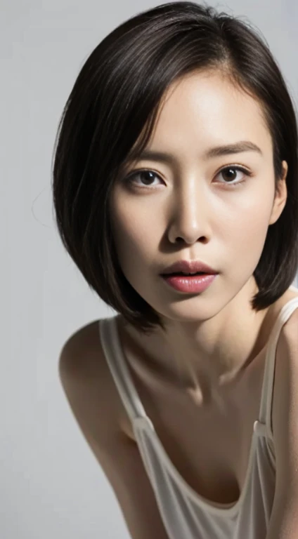 Japanese, Short women,  Physical build, Short arms, Long, narrow eyes, Fleeting atmosphere, 30-year-old woman, Brown bob hair, ((Thin lips)), White top and bottom underwear, Pieces fly, highest quality, Detailed skin, Fine grain, ,8k, Excellent anatomy, Up...