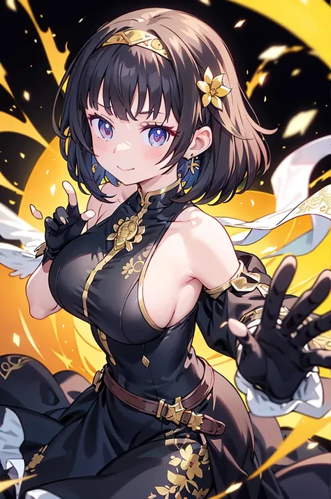 yor briar, anime style beutiful woman, 1girl,fullbody, happy, smile, red face, closed mouth, beautiful detailed eyes, super detailed skin, backlighting, bare shoulders, black background, black dress, black gloves, black hair, breasts, dress, earrings, fing...