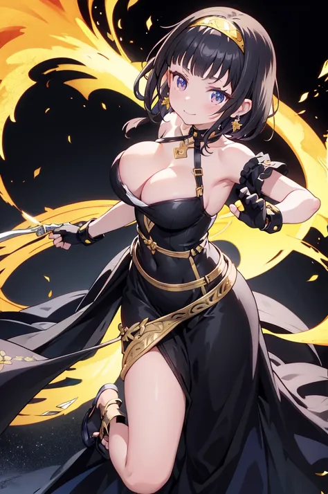 yor briar, anime style beutiful woman, 1girl,fullbody, happy, smile, red face, closed mouth, beautiful detailed eyes, super detailed skin, backlighting, bare shoulders, black background, black dress, black gloves, black hair, breasts, dress, earrings, fing...