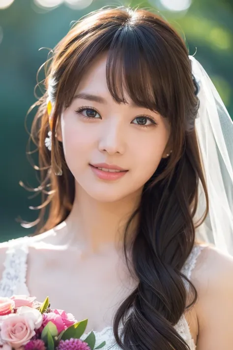 Medium View, Medium Shot, Written boundary depth, bust, Upper Body, Cinematic Angles, masterpiece, highest quality, Very detailed, cg, 8K Wallpaper, Beautiful Face, Delicate eyes, Otome, alone, smile, bangs, have,pink dot colored dresses, bow, petal, bouqu...