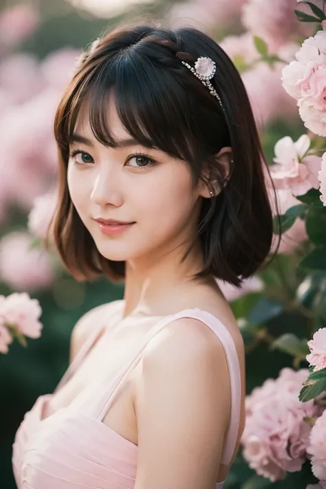 Medium View, Medium Shot, Written boundary depth, bust, Upper Body, Cinematic Angles, masterpiece, highest quality, Very detailed, cg, 8K Wallpaper, Beautiful Face, Delicate eyes, Otome, alone, smile, bangs, have,pink dot colored dresses, bow, petal, bouqu...