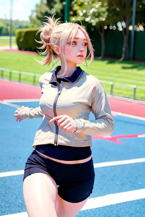 1 girl, alone, running, Grey Track Top, Pink shorts, ponytail, Athletic build, Dynamic brushwork, fluid movement, Capture the essence of her athleticism and energy, Use bright and soft colors、Creates a dreamy and fantastical atmosphere, portraying the moti...