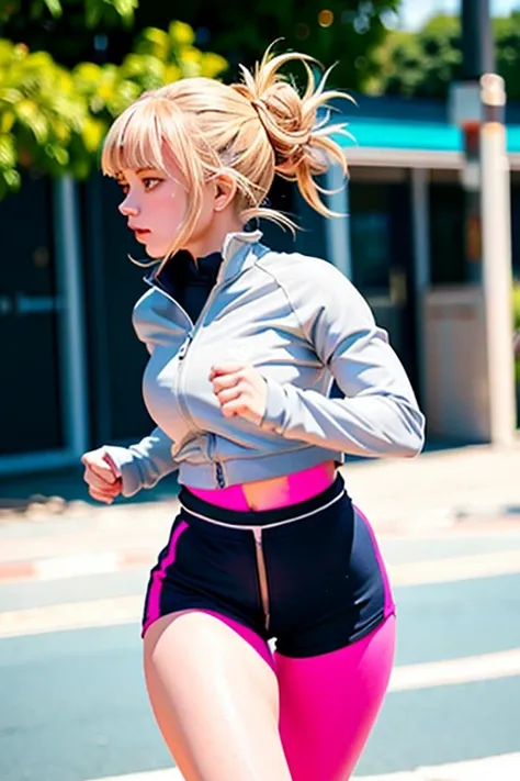 1 girl, alone, running, Grey Track Top, Pink shorts, ponytail, Athletic build, Dynamic brushwork, fluid movement, Capture the essence of her athleticism and energy, Use bright and soft colors、Creates a dreamy and fantastical atmosphere, portraying the moti...