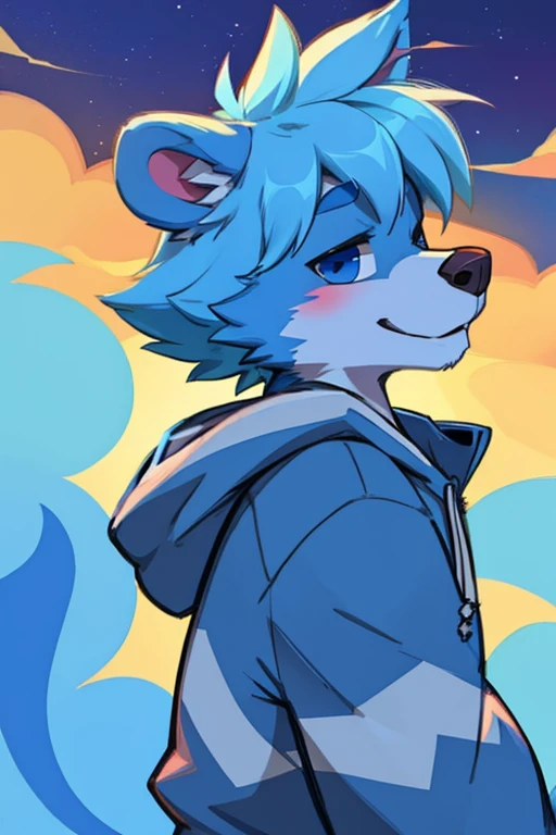 male, blue cartoon bear, blue cowlick, furry anthro, blue hoodie