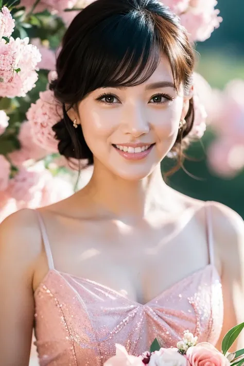 Medium View, Medium Shot, Written boundary depth, bust, Upper Body, Cinematic Angles, masterpiece, highest quality, Very detailed, cg, 8K Wallpaper, Beautiful Face, Delicate eyes, Otome, alone, smile, bangs, have,pink dot colored dresses, bow, petal, bouqu...