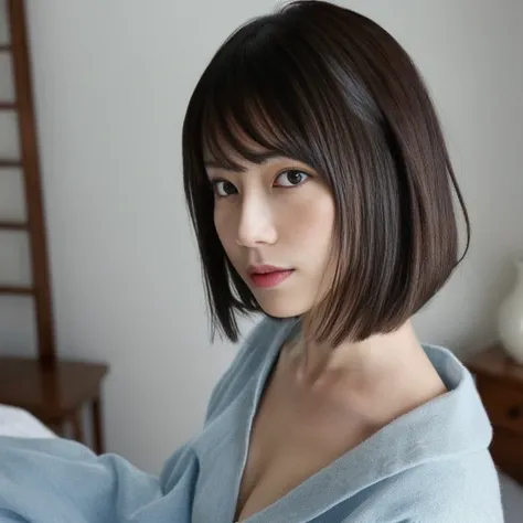 ((Top Quality, 8k, Masterpiece: 1.4)), japanese woman, ((blush, short bob cut, skinny:1.2)), ((30 years old:1,2)), ((looking at viewer:1.4)), inside bedroom,