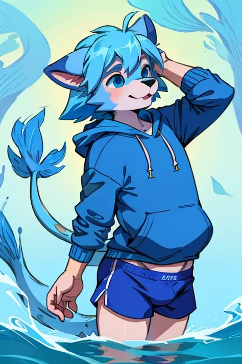 blue cartoon seabear, blue koi tail,  blue cowlick, furry anthro, blue hoodie, boxers