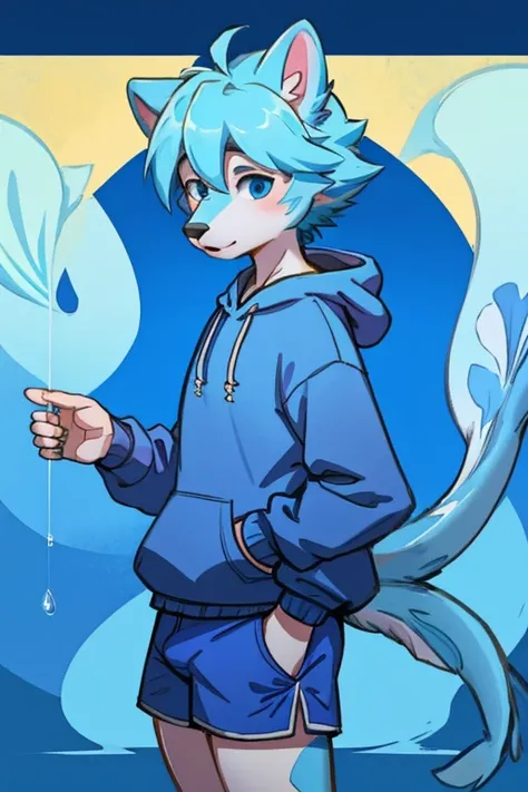 blue cartoon seabear, blue koi tail,  blue cowlick, furry anthro, blue hoodie, boxers