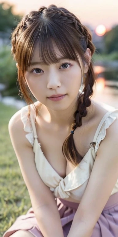 1 Japanese female, 30 years old, Very beautiful, (very cute), (Very detailed美しい顔), Great face and eyes,(Flower Hair Ornaments,Braided top knot,Twisted Side Part Ponytail Braided Headband,Half Up、Braided Space Van,Voluminous fishtail braid,Twisted pan),(Asy...