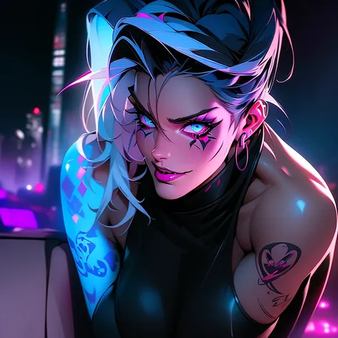 a woman with tattoos and a top hat, cyberpunk comic cover art, police uniform, sona, necro, punk , mischievous, portrait of harley quinn, techno artwork, black and cyan color scheme, a sexy blonde warrior, gogo : :, pastel artwork, beautiful android woman,...